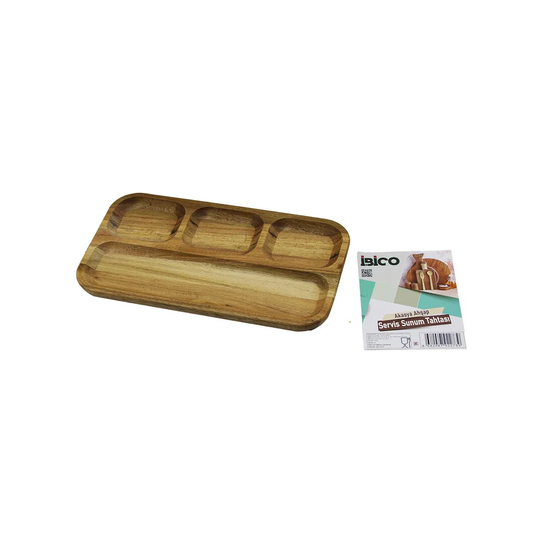 Akasya Dikdörtgen 4 BÖLMELİ=3+1 Ahşap Servis Sunum Tepsi - Tahtası 25 X 14 X 1.4CM
