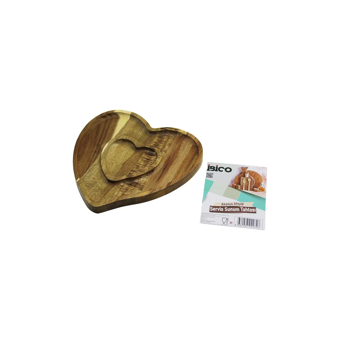 Akasya Kalp Model 2 BÖLMELİ=1+1 Ahşap Bambu Servis Sunum Tepsi - Tahtası 20.5 X 19.5 X 1.4CM
