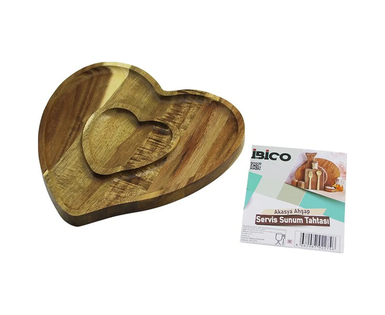 Akasya Kalp Model 2 Bölmeli 1+1 Ahşap Bambu Servis Sunum Tepsi - Tahtası 20.5 X 19.5 X 1.4cm 5224