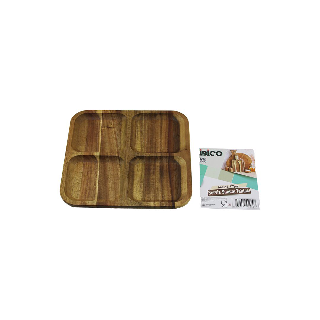 AKASYA KARE 4 BÖLMELİ  AHŞAP SERVİS SUNUM TEPSİ - TAHTASI  20 X 1