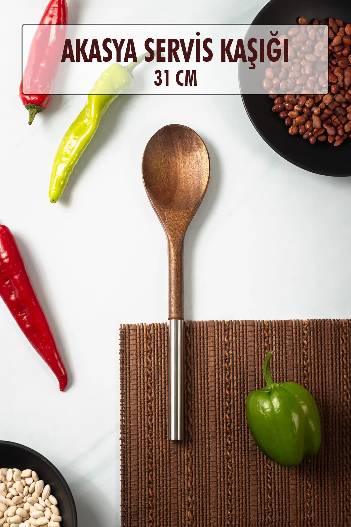 Akasya Servis Kaşığı & Sunum Kaşığı - 31.50 cm Doğal Ahşap Mutfak Kaşığı