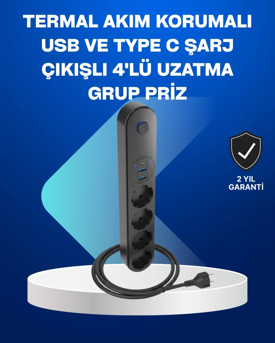 Akıllı Akım Dengelemeli 4’lü Çoklu Priz Type-C ve USB Çıkışlı - Lisinya