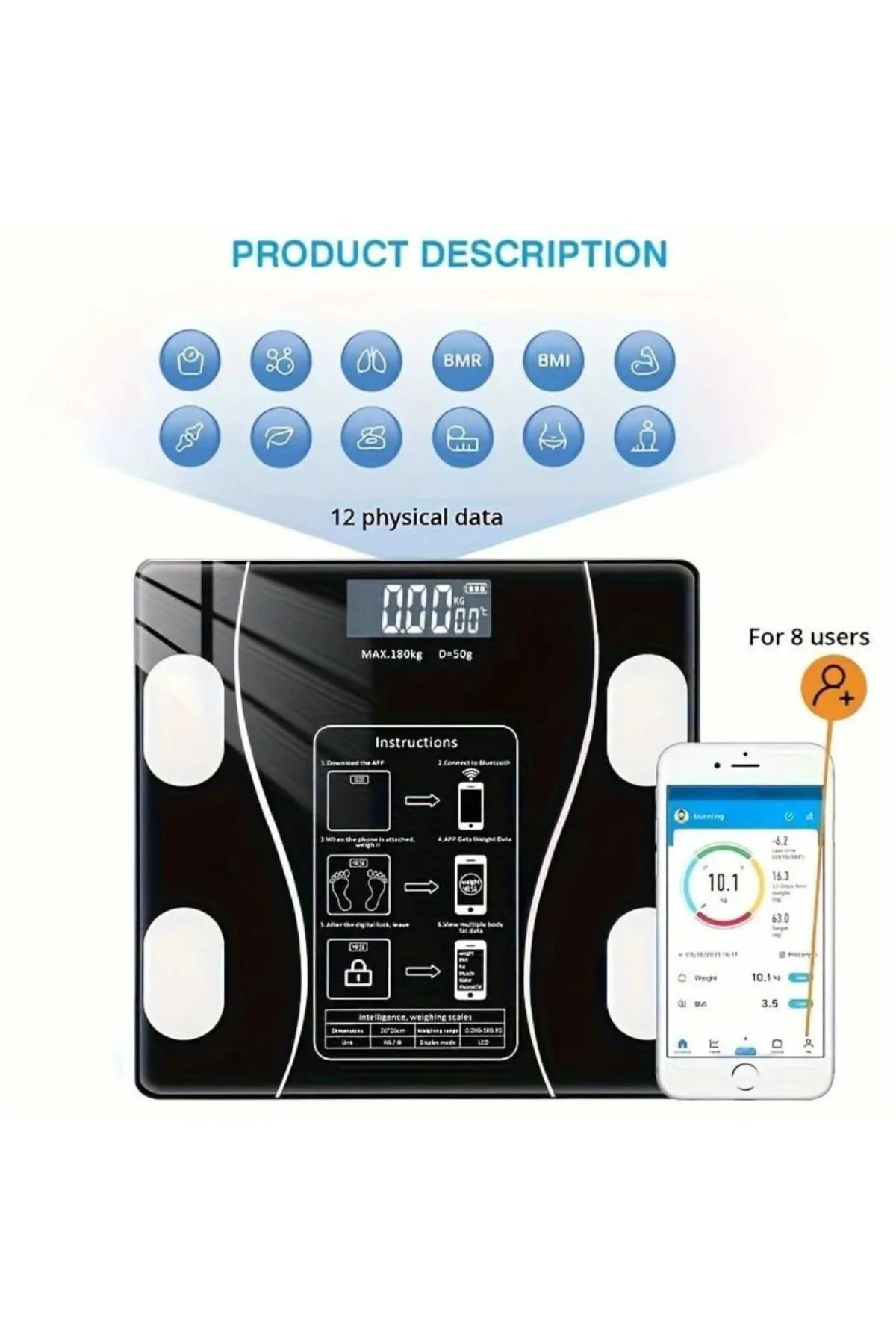 Akıllı Baskül Dijital Bluetooth Vücut Analizi -Dijital Tartı-Yağ 