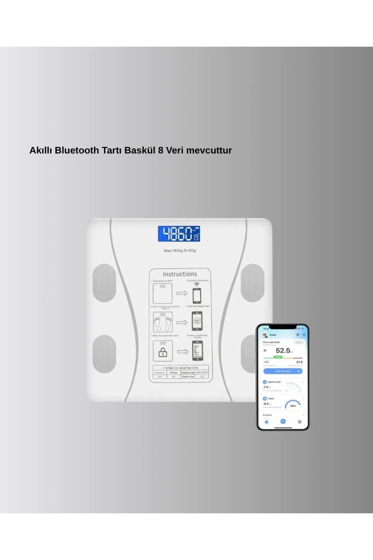 Akıllı Bluetooth Tartı – 8 Farklı Ölçüm Verisi, Otomatik Kişi Tan