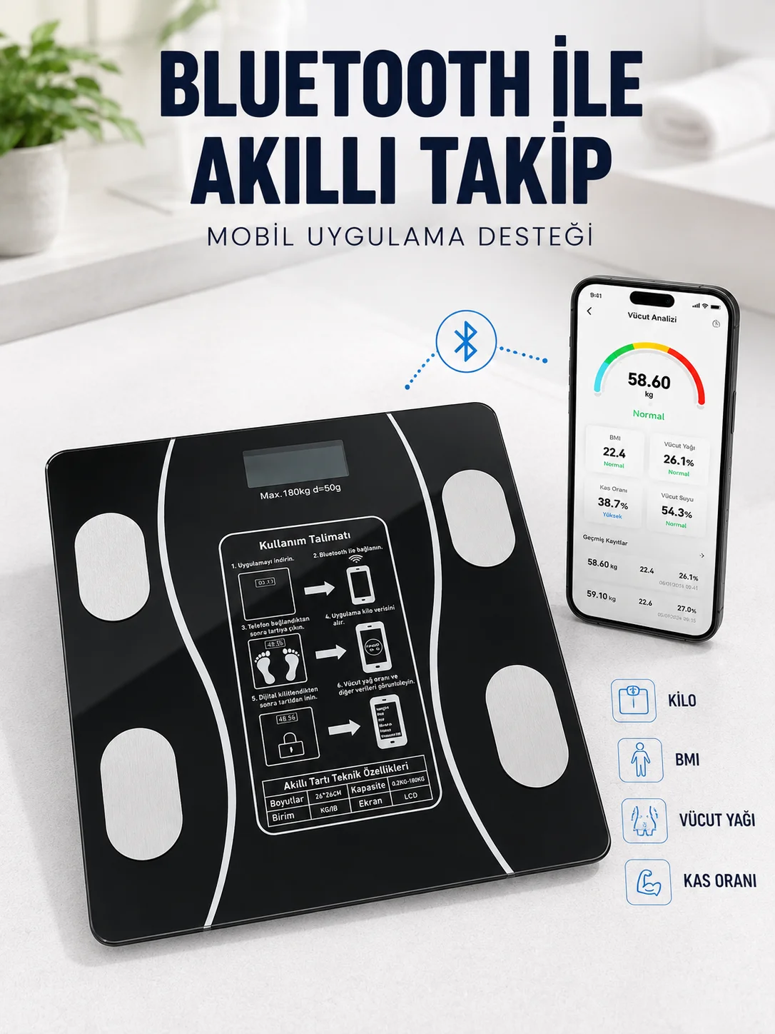 Akıllı Cam Baskül Bluetooth Mobil Uygulamalı Vücut Analiz Tartısı 180 Kg LCD Ekran Akıllı Cam Baskül Bluetooth Mobil Uygulamalı Vücut Analiz Tartısı 180 Kg LCD Ekran