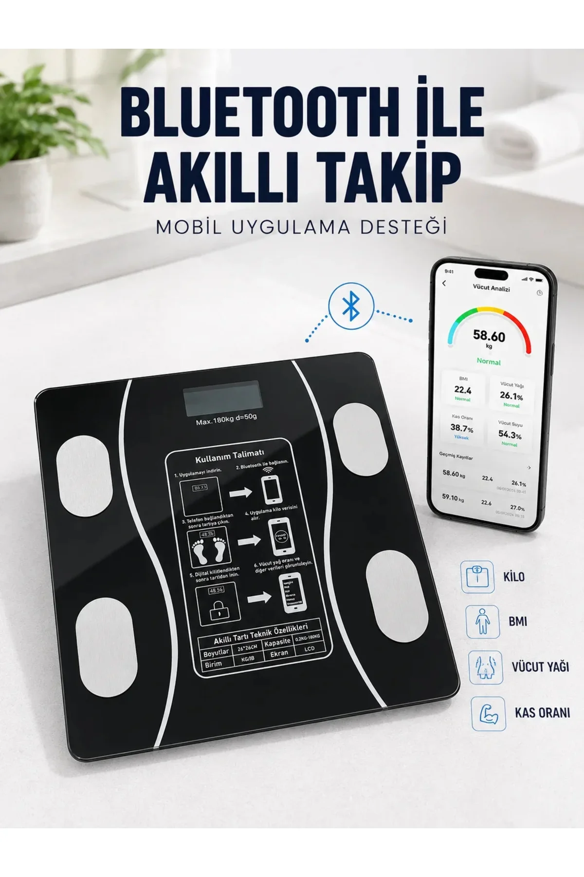 Akıllı Cam Baskül Bluetooth Mobil Uygulamalı Vücut iz Tartısı 180 Kg LCD Ekran