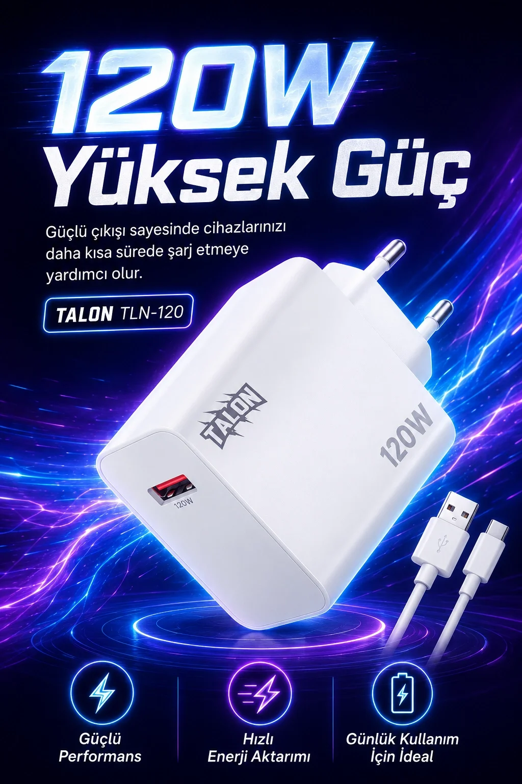 Akıllı Çip Korumalı 120W Hızlı Şarj Cihazı Kablo Dahil Güvenli Dolum Seti