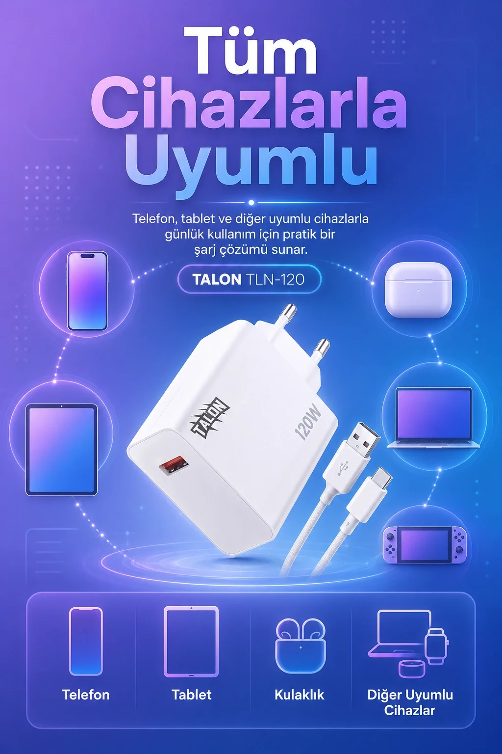 Akıllı Çip Korumalı 120W Hızlı Şarj Cihazı Kablo Dahil Güvenli Dolum Seti