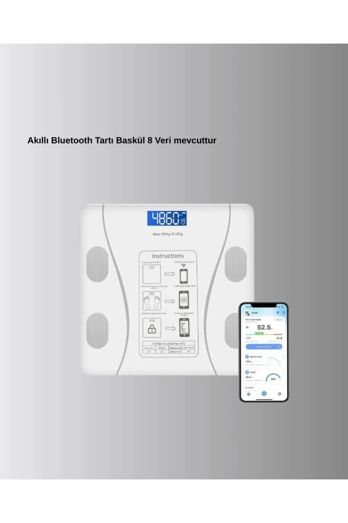 Akıllı Dijital Baskül – Bluetooth Bağlantılı, 8 Ölçüm Verili, Akıllı Vücut Analiz Tartısı