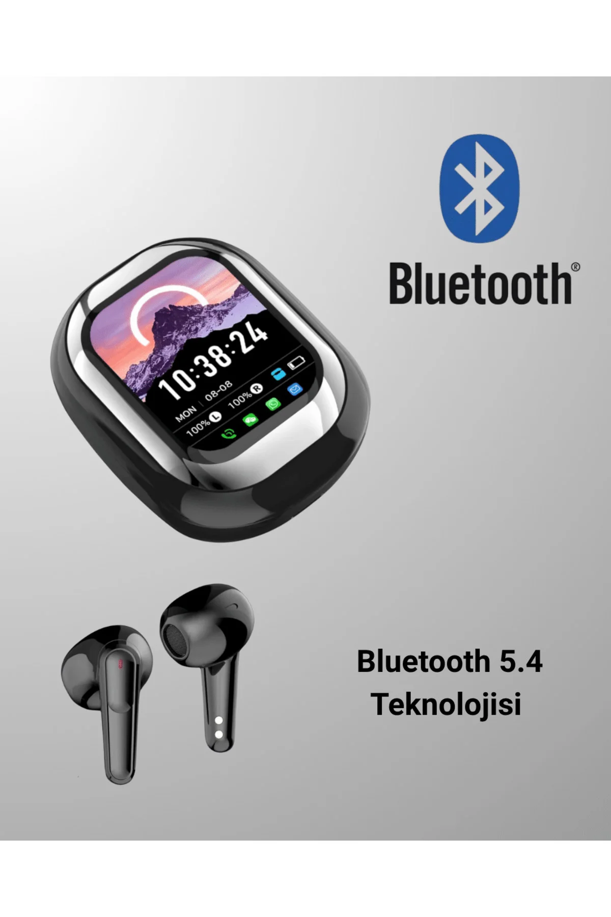 Akıllı Ekranlı Bluetooth 5.4 Kablosuz Kulaklık – Dokunmatik ve Şa