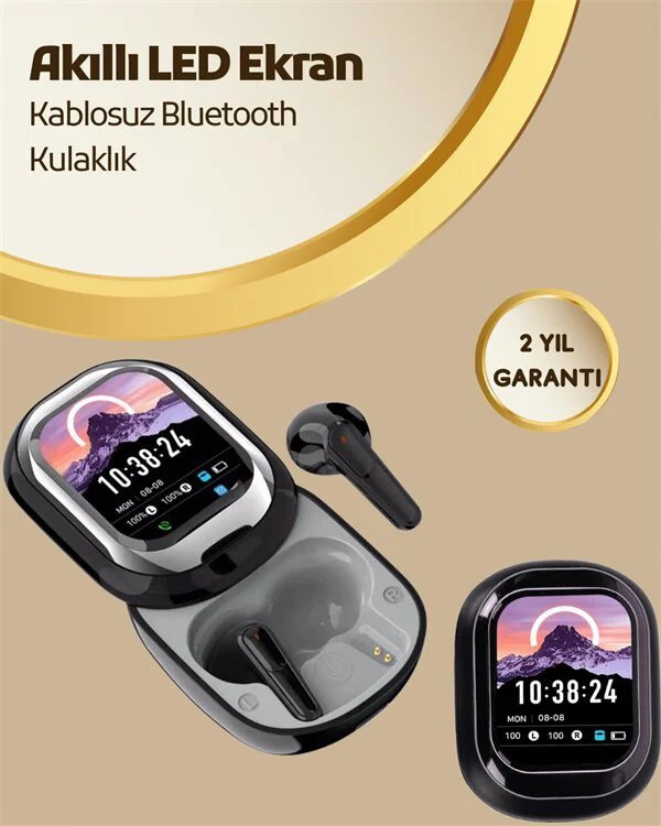 Akıllı Ekranlı Bluetooth 5.4 Kablosuz Kulaklık - Dokunmatik Kontrol ve Şarj Kutulu - Kişiselleştirilebilir Tasarım