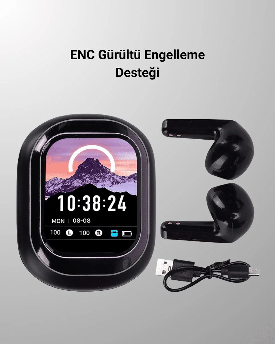 Akıllı Ekranlı Bluetooth 5.4 Kablosuz Kulaklık – Dokunmatik ve Şarj Kutulu