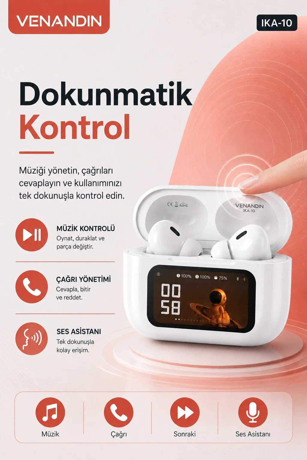 Akıllı Ekranlı Şarj Kutusuna Sahip Kablosuz Kulaklık Kulak İçi Stereo Ses Özellikli