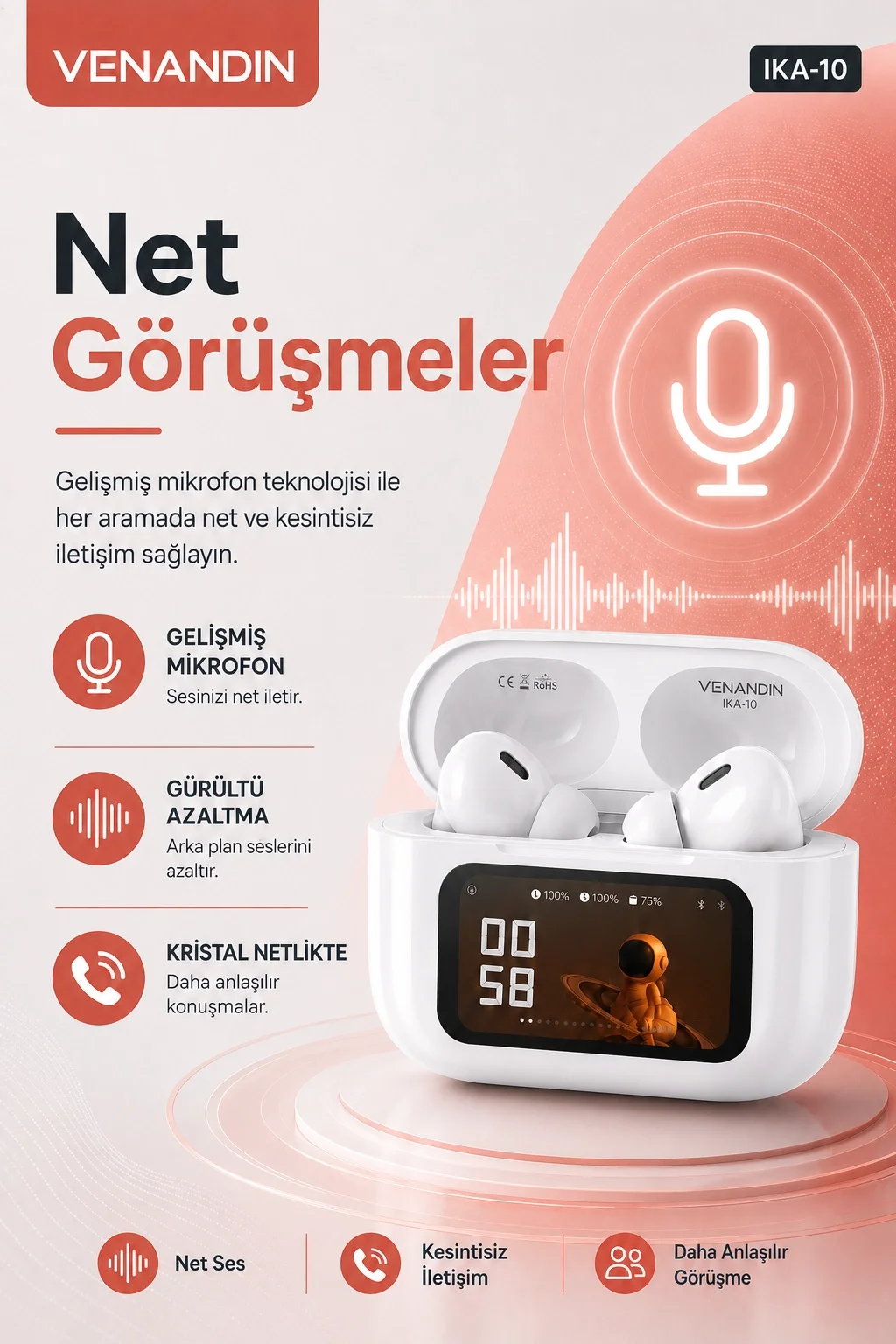 Akıllı Ekranlı Şarj Kutusuna Sahip Kablosuz Kulaklık Kulak İçi Stereo Ses Özellikli