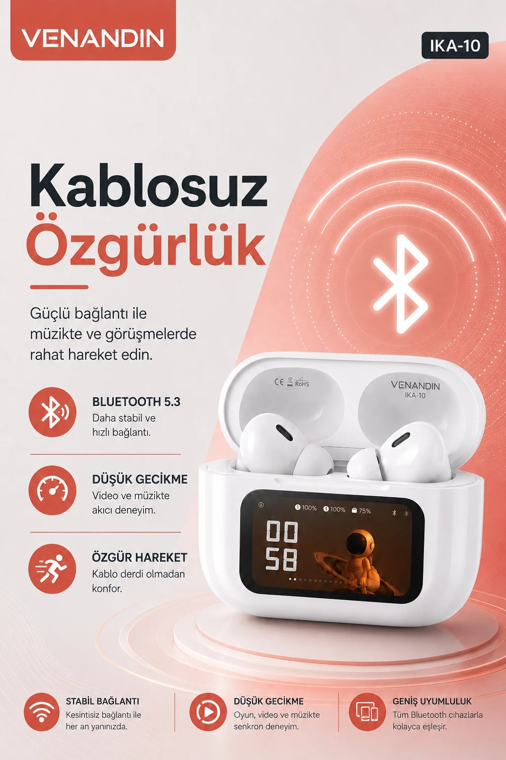 Akıllı Ekranlı Şarj Kutusuna Sahip Kablosuz Kulaklık Kulak İçi Stereo Ses Özellikli