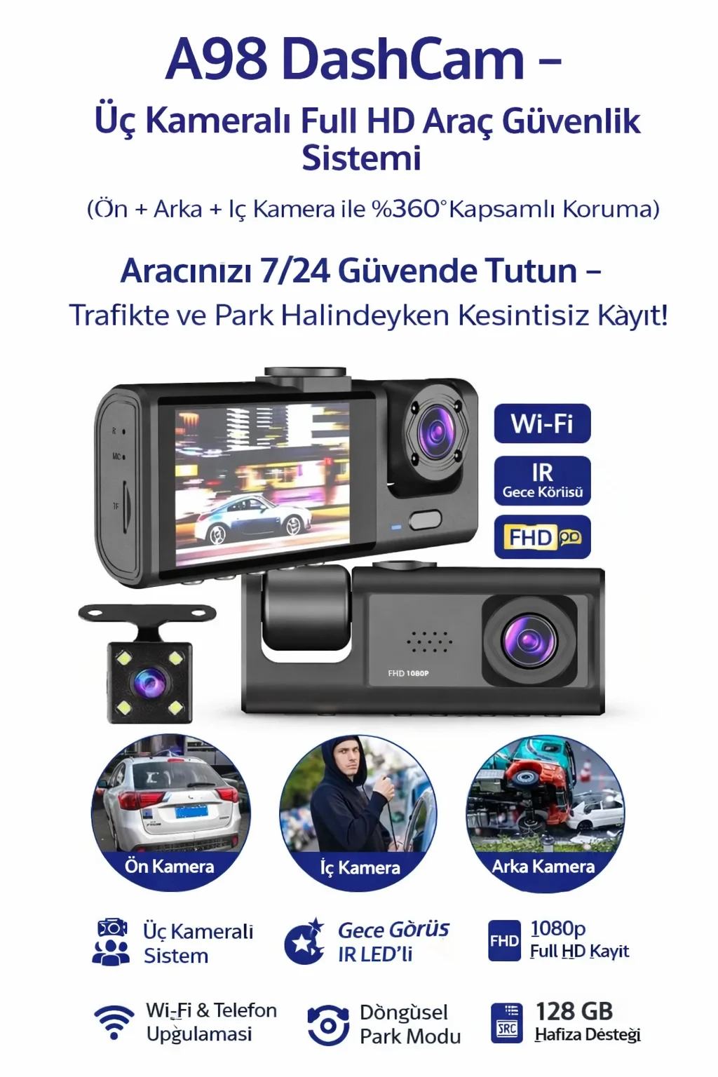Akıllı Full HD 3 Kameralı Araç İçi Güvenlik Kamerası Ön-Arka-İç Kayıt, Park Modu Fiyatı, Yorumları ve Özellikleri