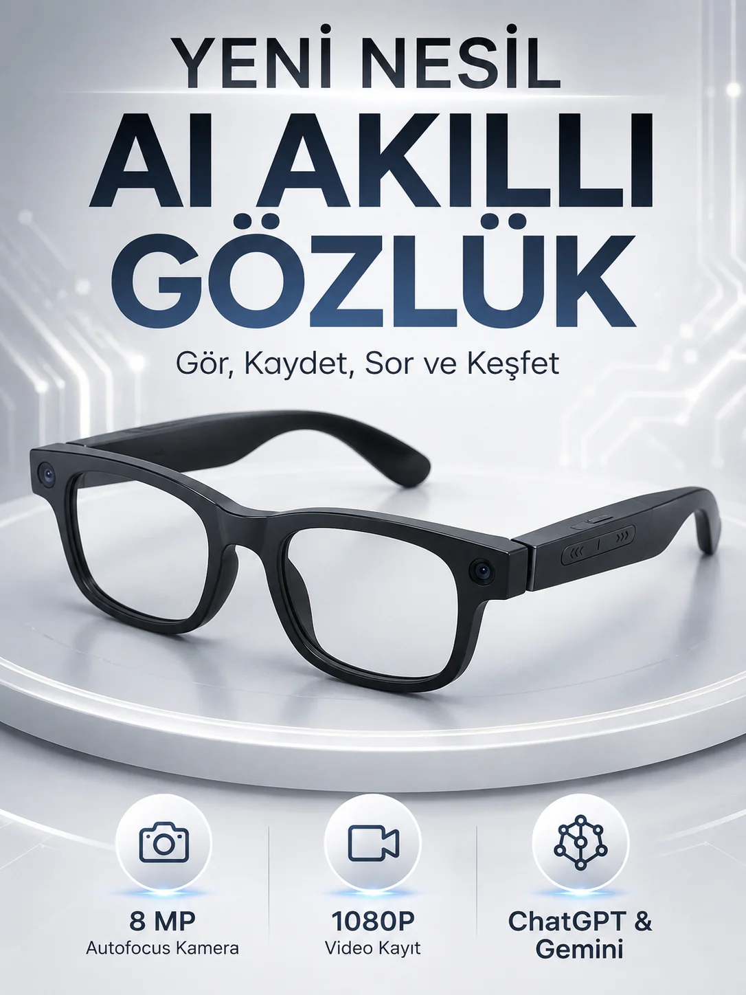 Akıllı Gözlük 8 MP Kameralı 1080P Video Kayıt WiFi Bağlantılı Çift Mikrofonlu Gürültü Engelleme Özellikli Fiyatı, Yorumları ve Özellikleri