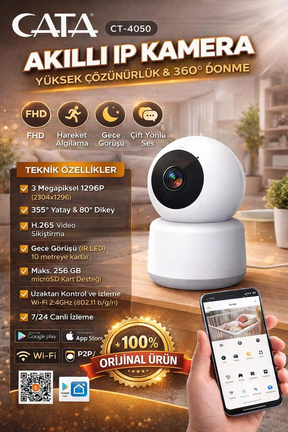 Akıllı IP Kamera 3MP 360° Wi-Fi Gece Görüşlü Hareket Algılama | CT-4050 Akıllı IP Kamera 3MP 360° Wi-Fi Gece Görüşlü Hareket Algılama | CT-4050