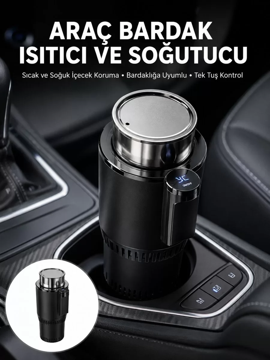 Akıllı Isıtma Soğutma Araç Bardaklığı - Çakmak Girişli Dijital Ekranlı Yeni Nesil
