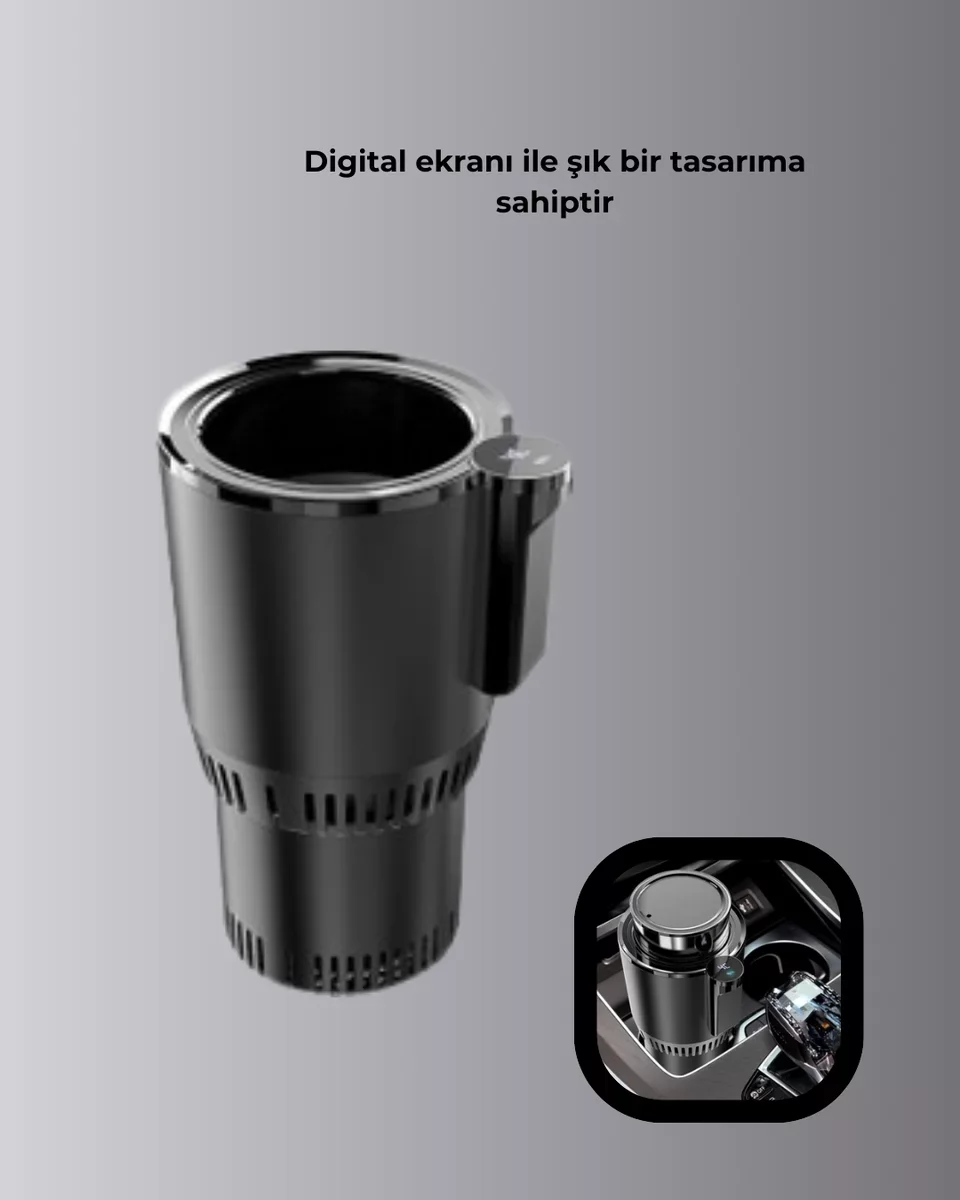 Akıllı Isıtma Soğutma Araç Bardaklığı - Çakmak Girişli Dijital Ekranlı Yeni Nesil