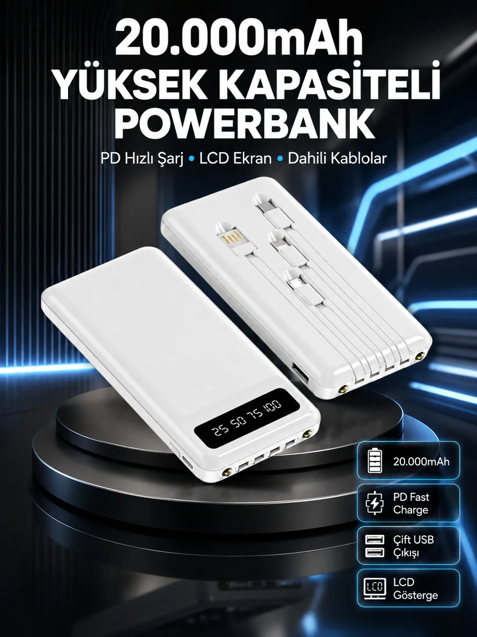 Akıllı Lcd Ekranlı 20.000mah Powerbank Pd + Usb + Type-c Yeni Nesil - Lisinya Diğer