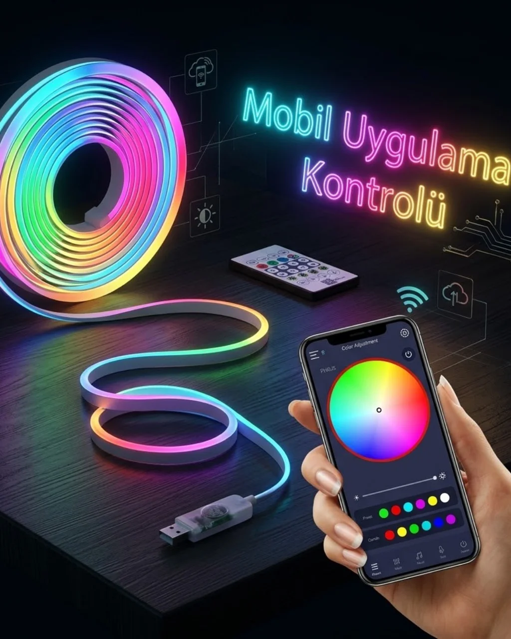 Akıllı Rgb Led Neon Şerit Işık 3m Usb Bağlantılı Uzaktan Kumanda Ve Mobil Uygulama Kontrolü - Lisinya Diğer