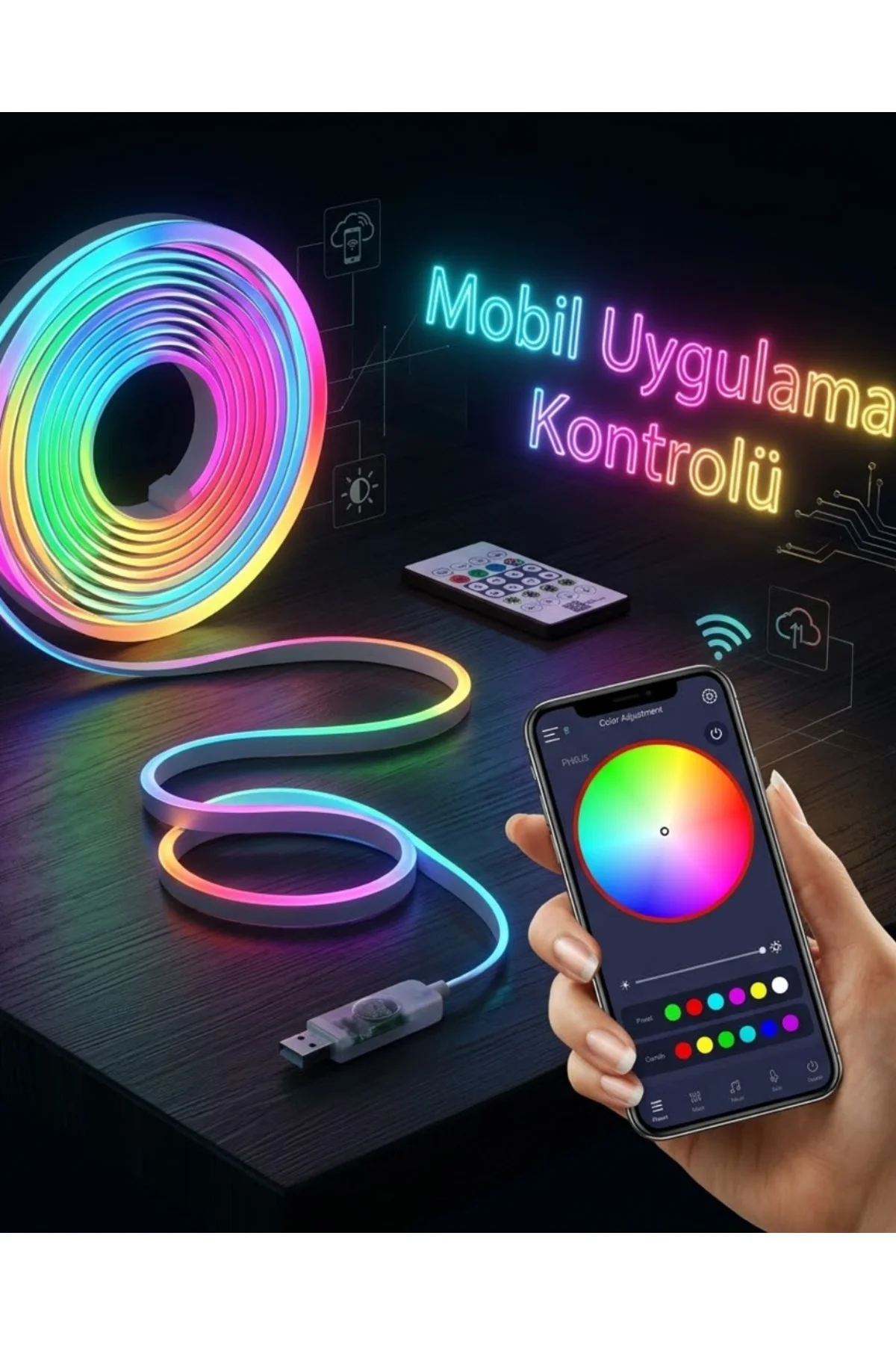 Akıllı RGB LED Neon Şerit Işık 3M USB Bağlantılı Uzaktan Kumanda ve Mobil Uygulama Kontrolü
