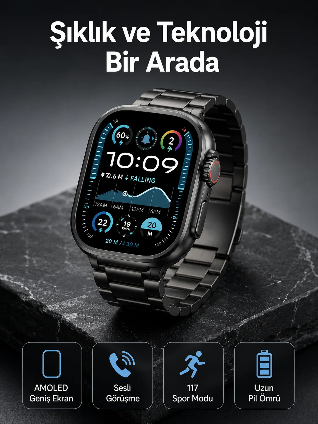 Akıllı Saat 3 Kordonlu Waterproof Adımsayar, Titreşim ve GPS Özelliği