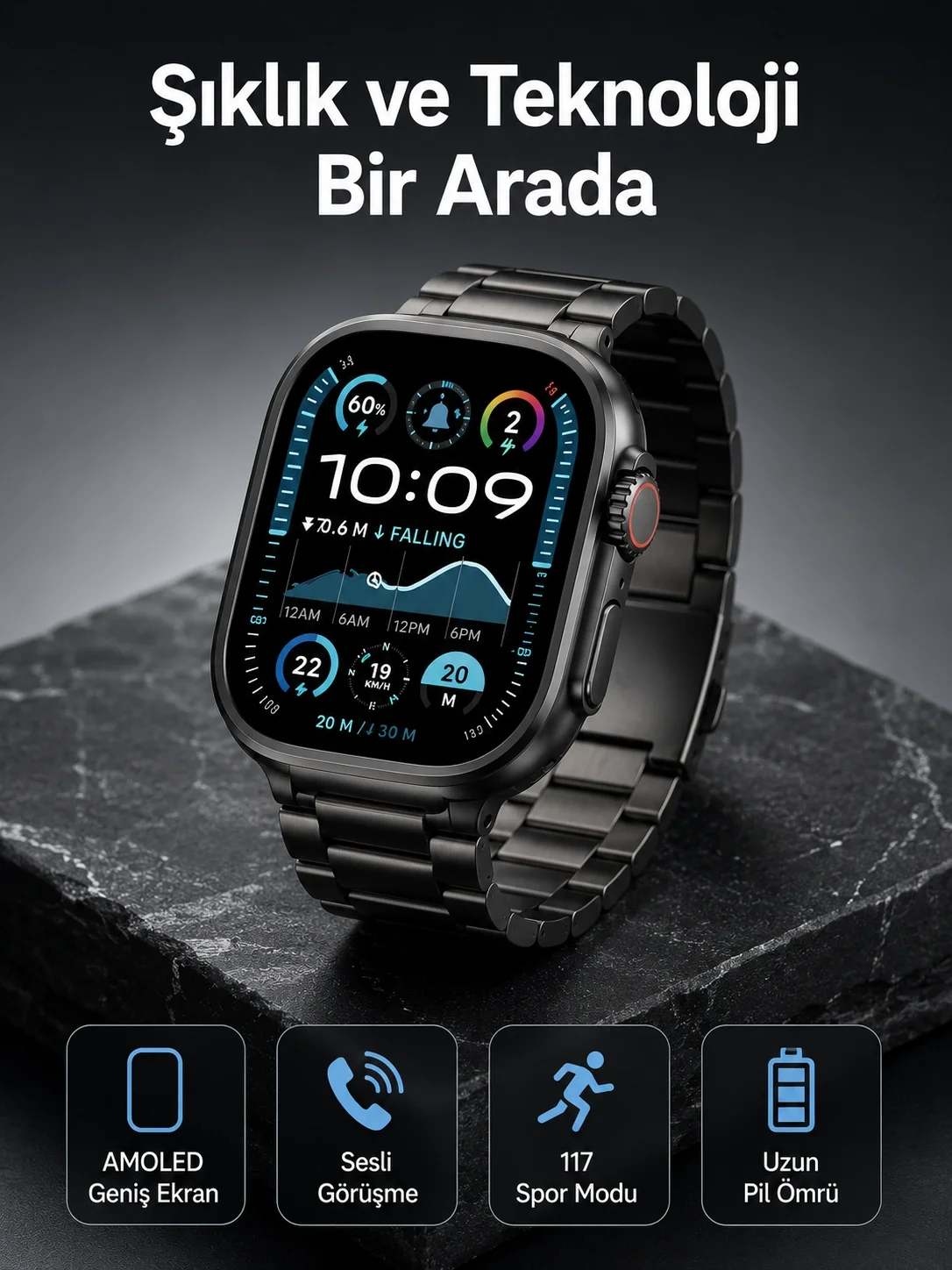 Akıllı Saat 3 Kordonlu Waterproof Adımsayar, Titreşim ve GPS Özelliği
