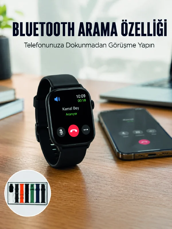 Akıllı Saat 7 Kordonlu Bluetooth Aramalı Nabız ve Dokunmatik Akıllı Saat