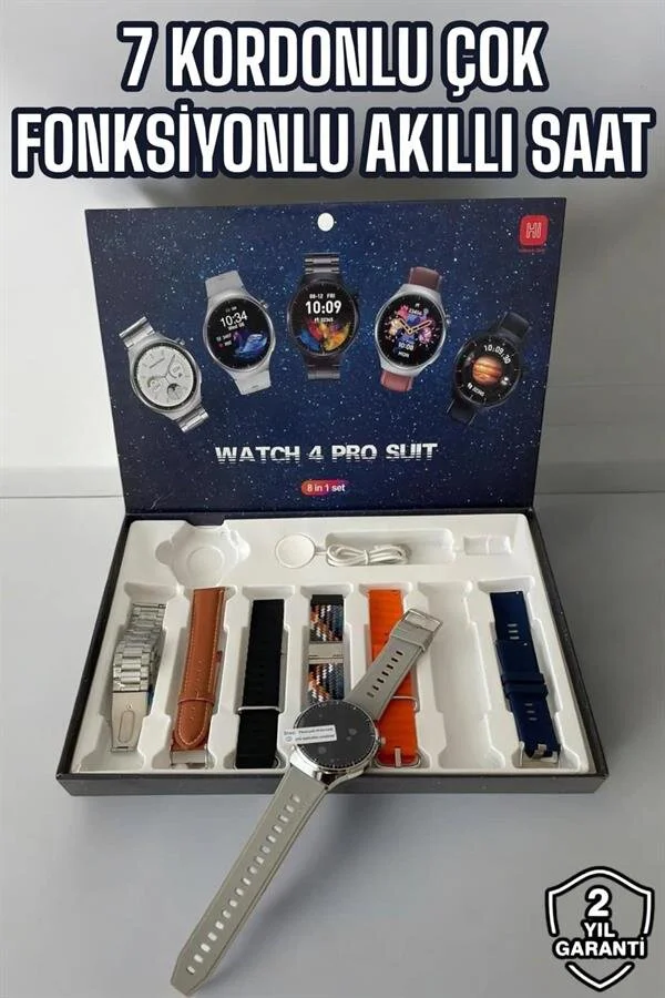Akıllı Saat 7 Kordonlu - 2024 Watch 4 Pro Şık Siyah Çelik Kasa ve 1 ATM Su Geçirmez