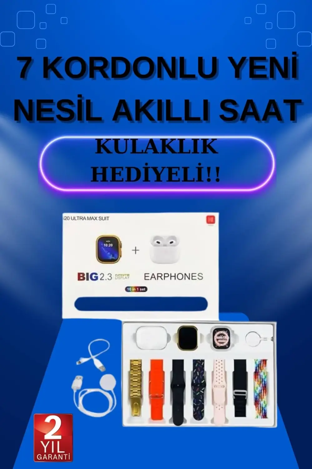 Akıllı Saat 7 Kordonlu Kulaklık Hediyeli Nabız Ölçer Uyku Takibi