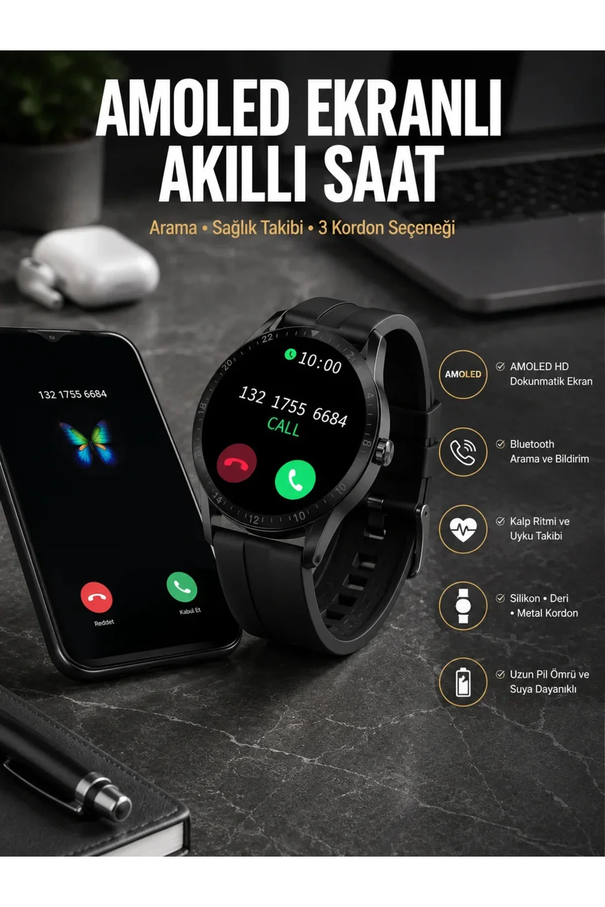 Akıllı Saat Amoled Ekran 3 Kordonlu NFC Ve GPS Uyumlu Akıllı Saat Amoled Ekran 3 Kordonlu NFC Ve GPS Uyumlu