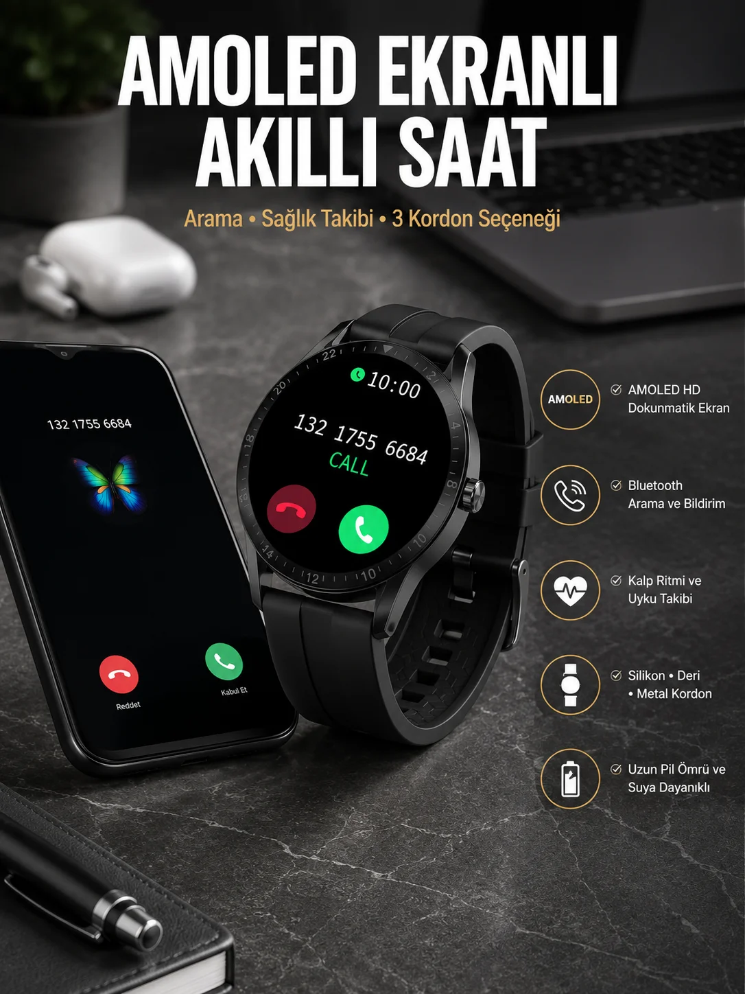 Akıllı Saat Amoled Ekran 3 Kordonlu NFC Ve GPS Uyumlu