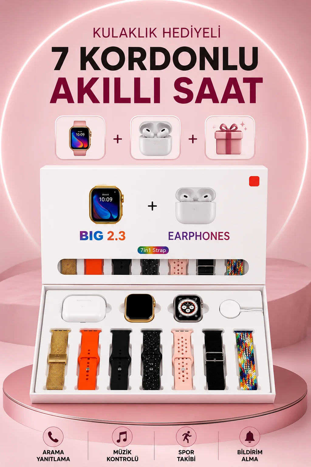 Akıllı Saat Bluetooth Kulaklık Hediyeli Bildirim Görme Sesli Görüşme Çoklu Kordon