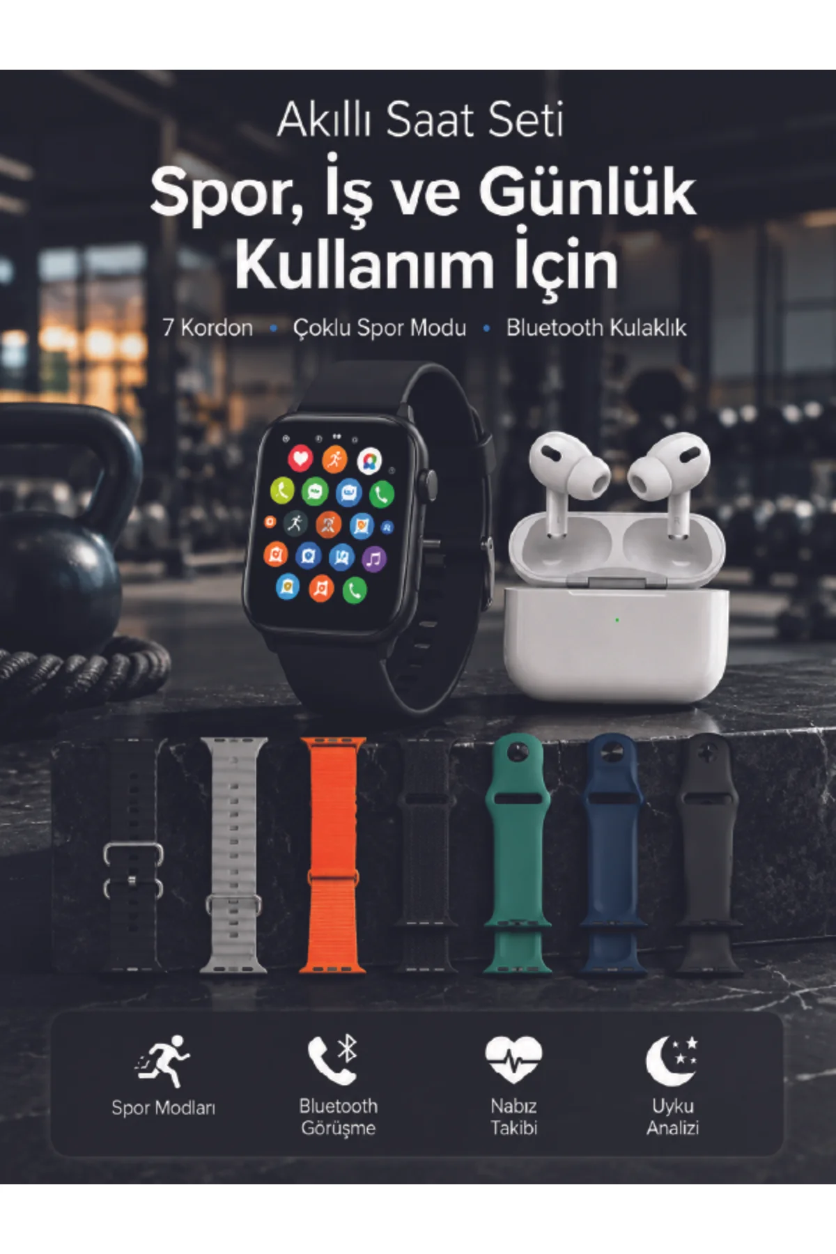 Akıllı Saat, Bluetooth Kulaklık ve 7 Farklı Kordon Tek Kutuda Günlük Kullanım ve Spor İçin Akıllı Saat, Bluetooth Kulaklık ve 7 Farklı Kordon Tek Kutuda Günlük Kullanım ve Spor İçin