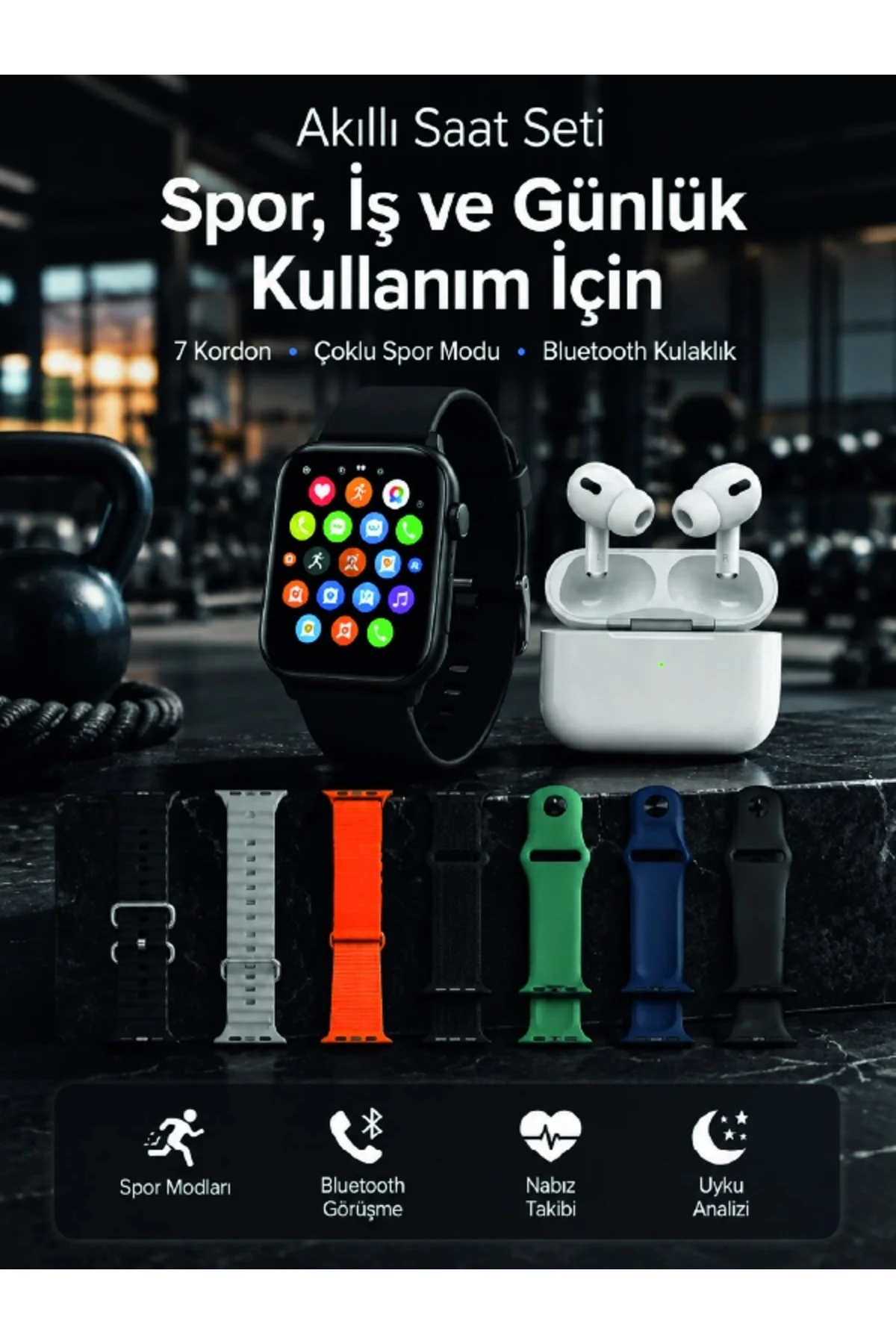 Akıllı Saat, Bluetooth Kulaklık ve 7 Farklı Kordon Tek Kutuda Günlük Kullanım ve Spor İçin Akıllı Saat, Bluetooth Kulaklık ve 7 Farklı Kordon Tek Kutuda Günlük Kullanım ve Spor İçin