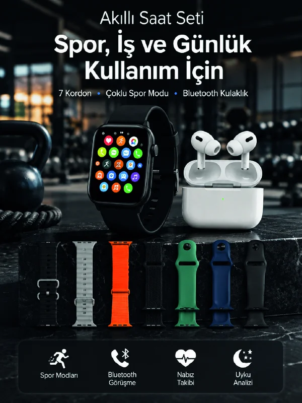 Akıllı Saat, Bluetooth Kulaklık ve 7 Farklı Kordon Tek Kutuda Günlük Kullanım ve Spor İçin Akıllı Saat, Bluetooth Kulaklık ve 7 Farklı Kordon Tek Kutuda Günlük Kullanım ve Spor İçin