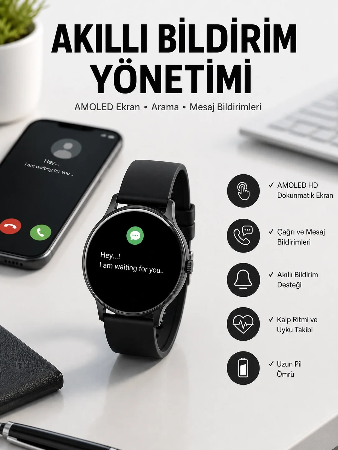 Akıllı Saat Çok Fonksiyonlu Sesli Görüşme NFC Uyumlu Amoled Ekran Yeni Nesil