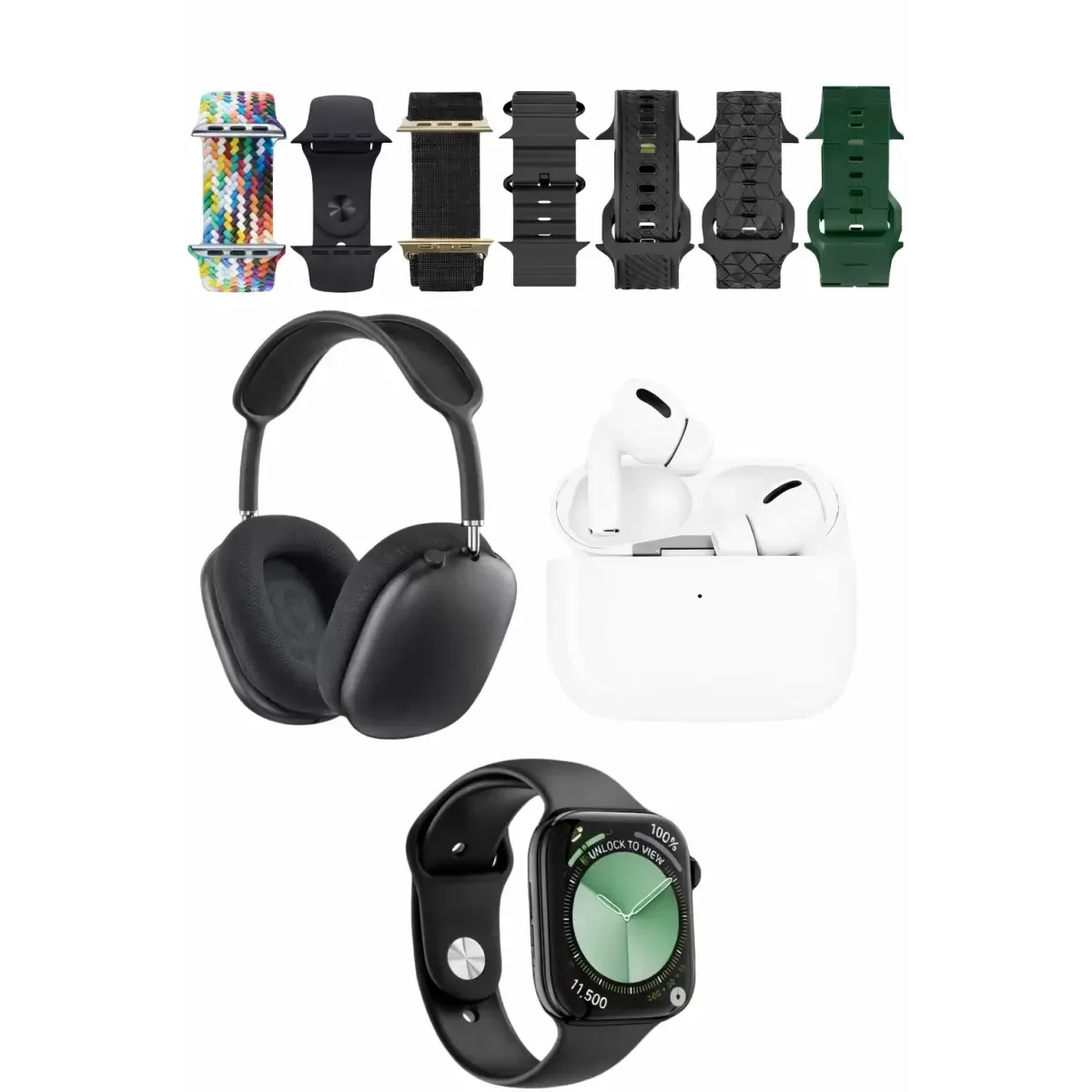 Akıllı Saat & Kablosuz Kulaklık Seti - 7 Yedek Kordon, Kalp Atışı & Uyku Takibi, Airpods Tarzı Kulaklık ile Uyumlu