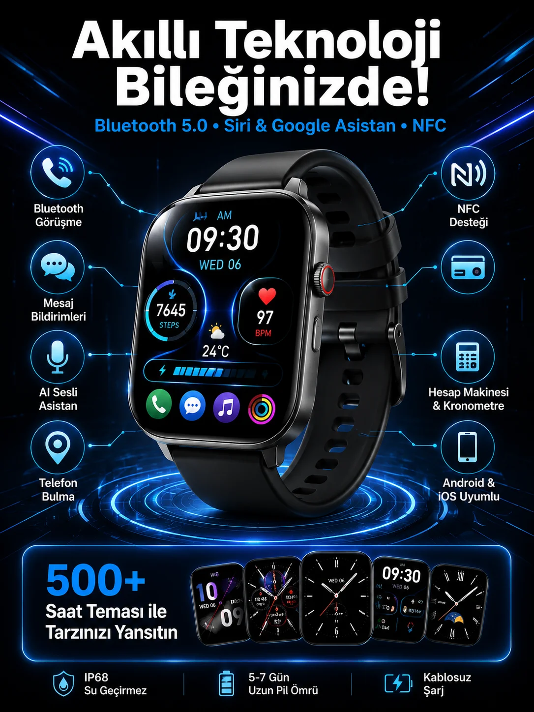 Akıllı Saat Tema Değiştirme Uyku ve Sağlık Takibi Sesli Asistan Bildirim Görme Yeni Nesil Akıllı Saat Tema Değiştirme Uyku ve Sağlık Takibi Sesli Asistan Bildirim Görme Yeni Nesil