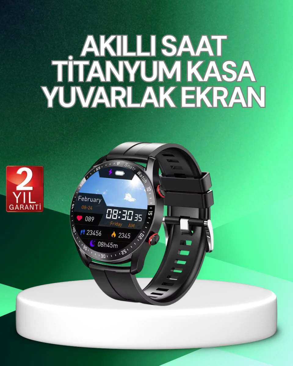 Akıllı Saat Titanyum Kasa - Uyku ve Sağlık Takibi, Titreşimli Alarm ve Yuvarlak Ekran