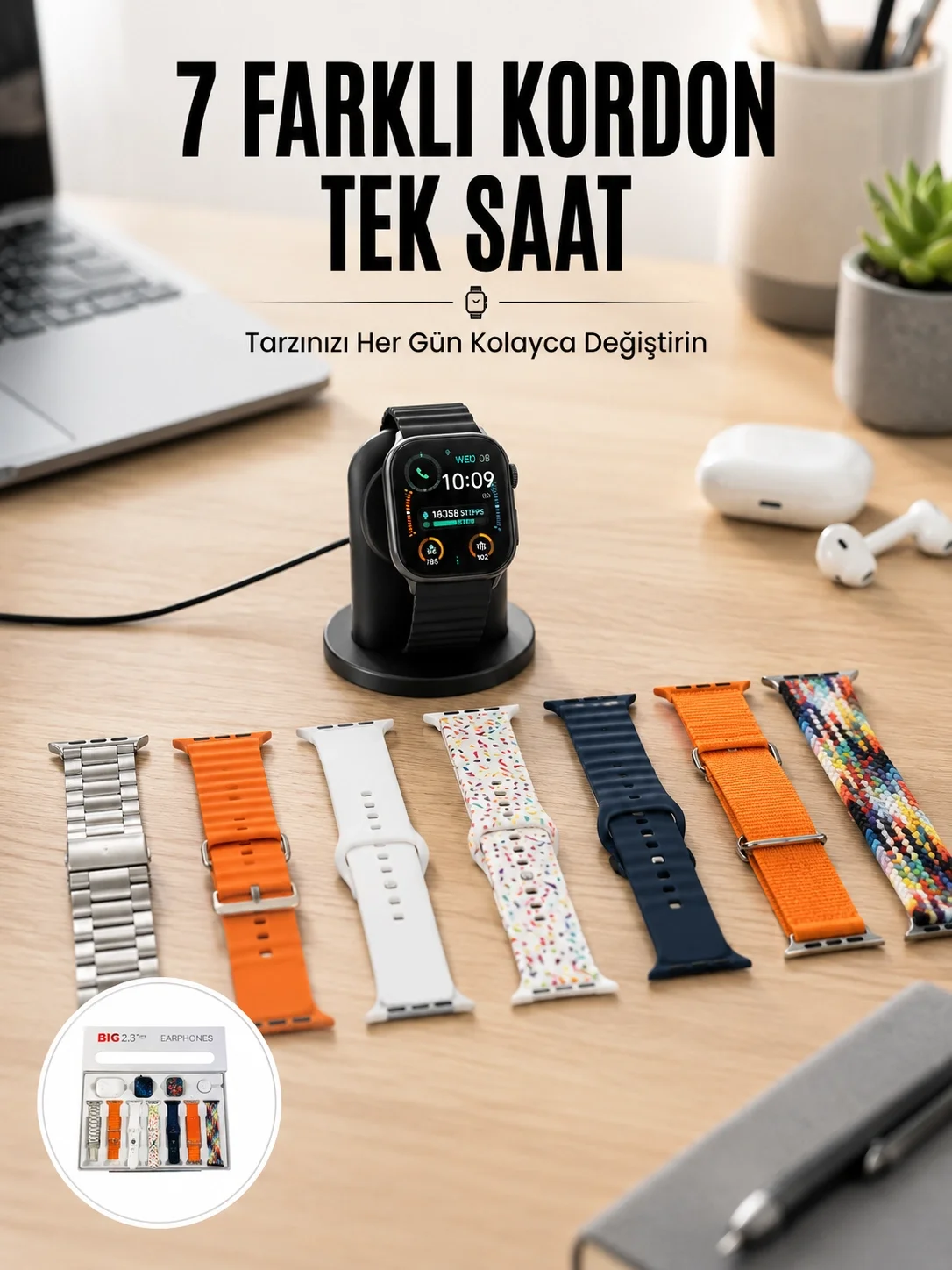 Akıllı Saat ve Air Pro Kulaklık 7 Kordonlu Çok Fonksiyonlu İkili 