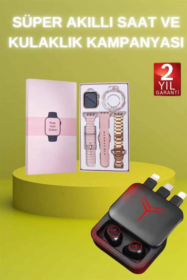 Akıllı Saat ve Bluetooth Kulaklık Hediyelik Set - Nabız Ölçer ve Powerbank Özellikli