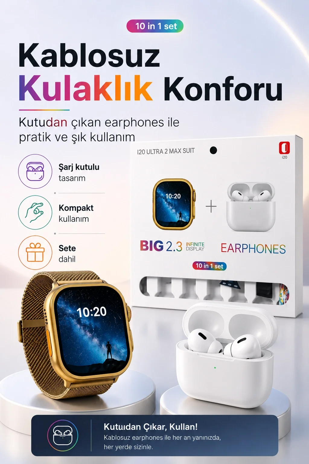Akıllı Saat Ve Kablosuz Kulaklık Bir Arada Telefon Uyumlu Şık Hediye Seti