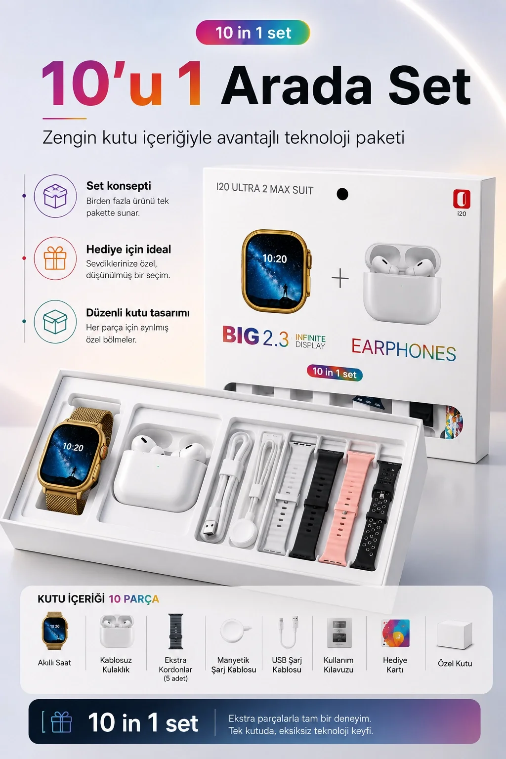 Akıllı Saat Ve Kablosuz Kulaklık Bir Arada Telefon Uyumlu Şık Hediye Seti