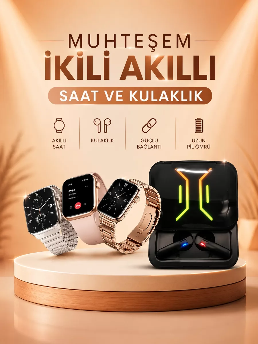 Akıllı Saat ve Kablosuz Bluetooth Kulaklık Seti - Nabız Ölçer, 117 Spor Modu ve M80 Modeli