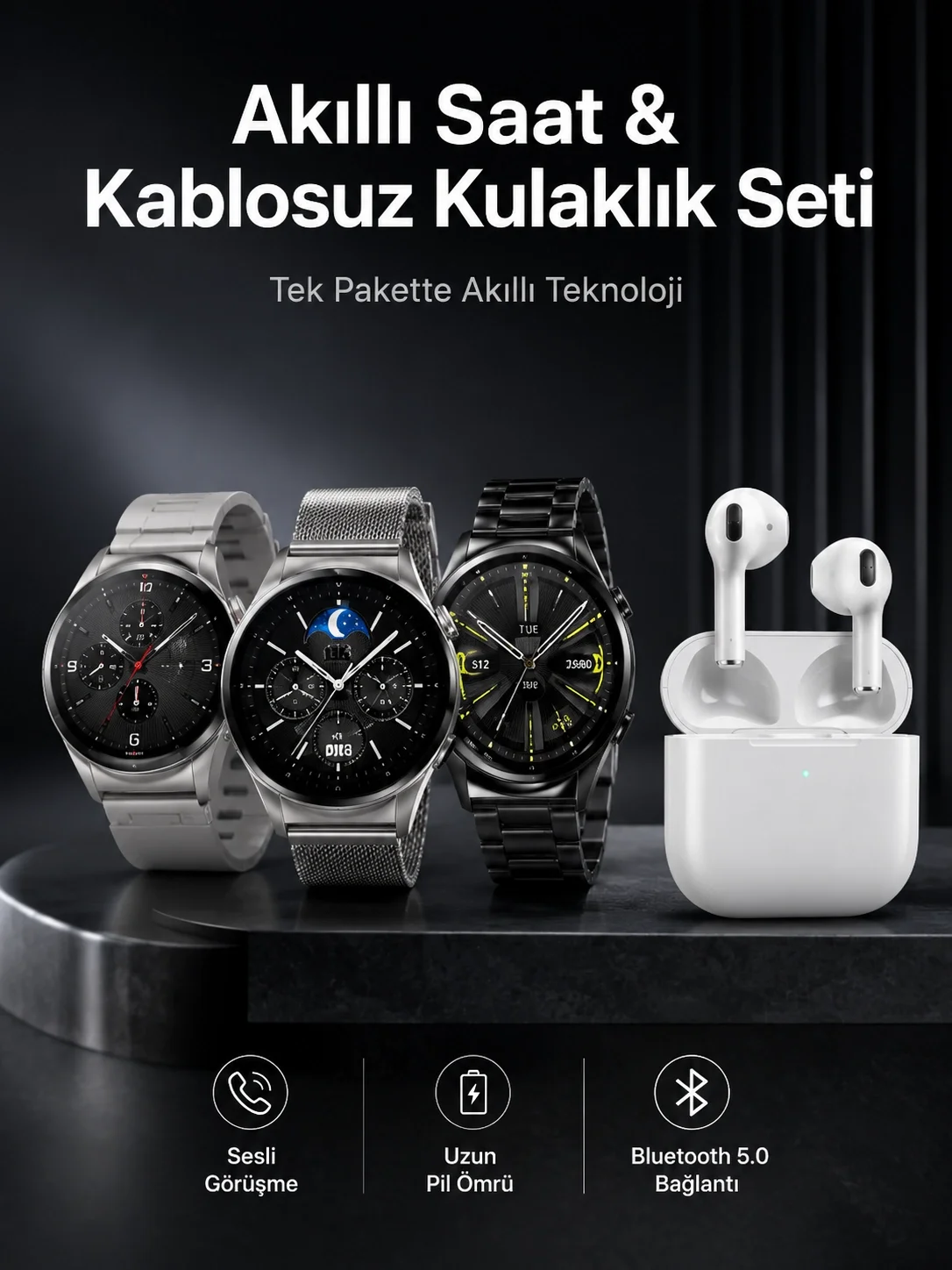 Akıllı Saat ve Kulaklık Seti Dokunmatik Ekran 5.0 Bluetooth Bağlantılı Sesli Görüşme