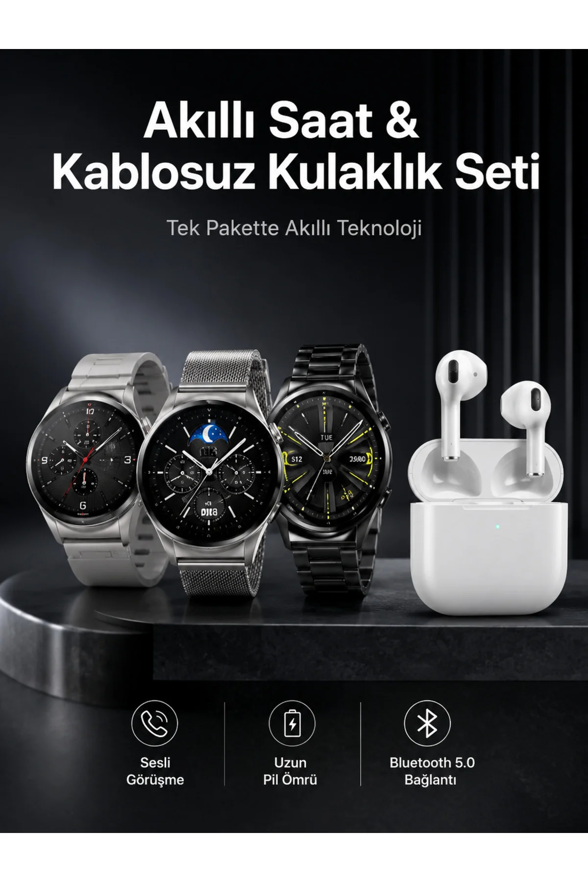 Akıllı Saat ve Kulaklık Seti Dokunmatik Ekran 5.0 Bluetooth Bağlantılı Sesli Görüşme Akıllı Saat ve Kulaklık Seti Dokunmatik Ekran 5.0 Bluetooth Bağlantılı Sesli Görüşme