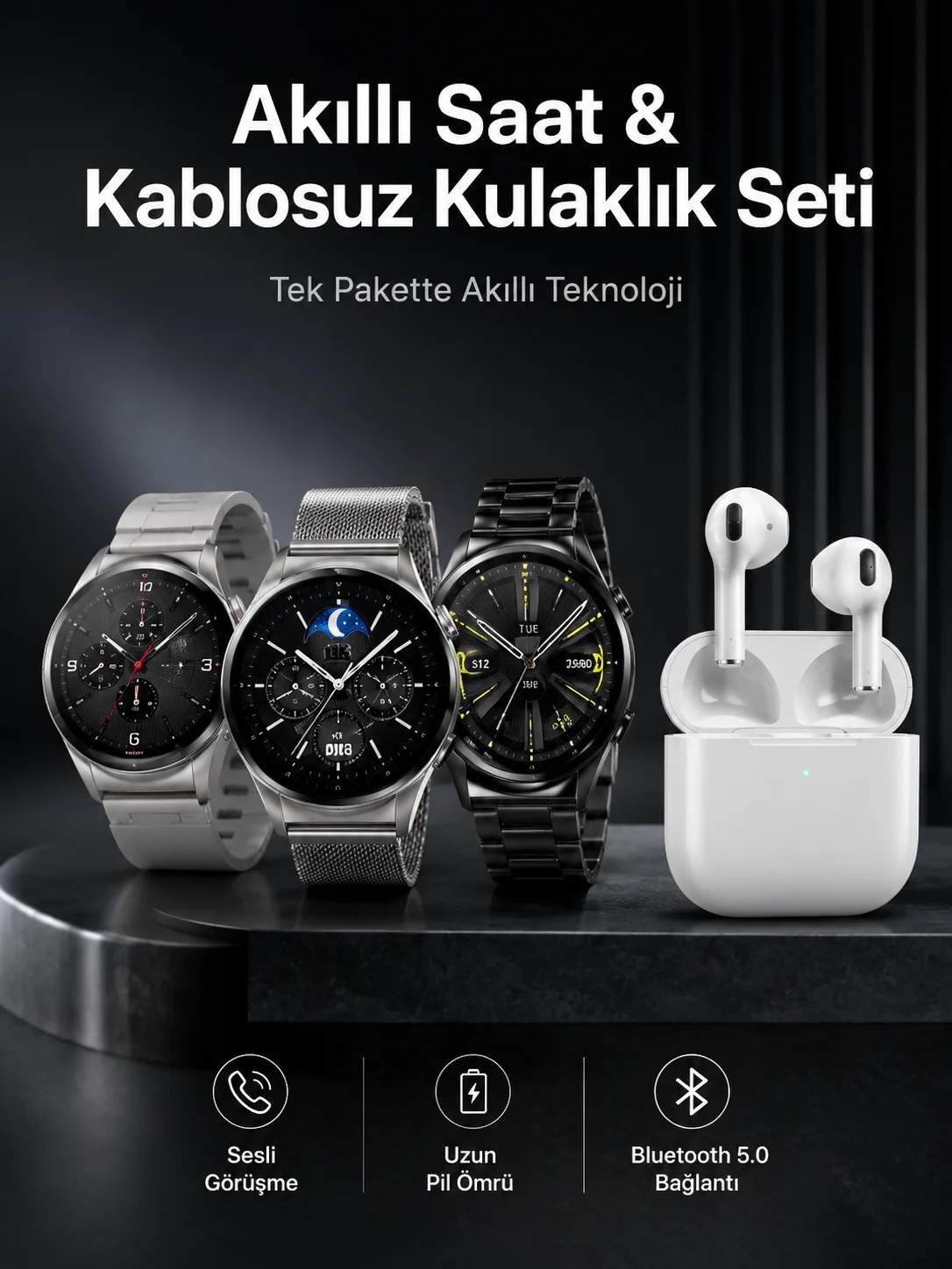 Akıllı Saat ve Kulaklık Seti Dokunmatik Ekran 5.0 Bluetooth Bağlantılı Sesli Görüşme